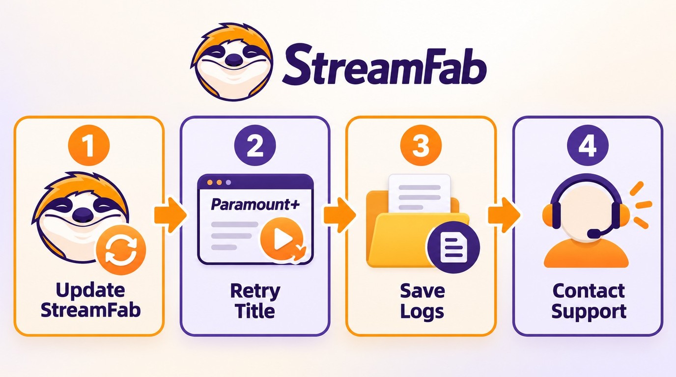 StreamFab troubleshooting flow for Paramount+ analysis and download queue failures
