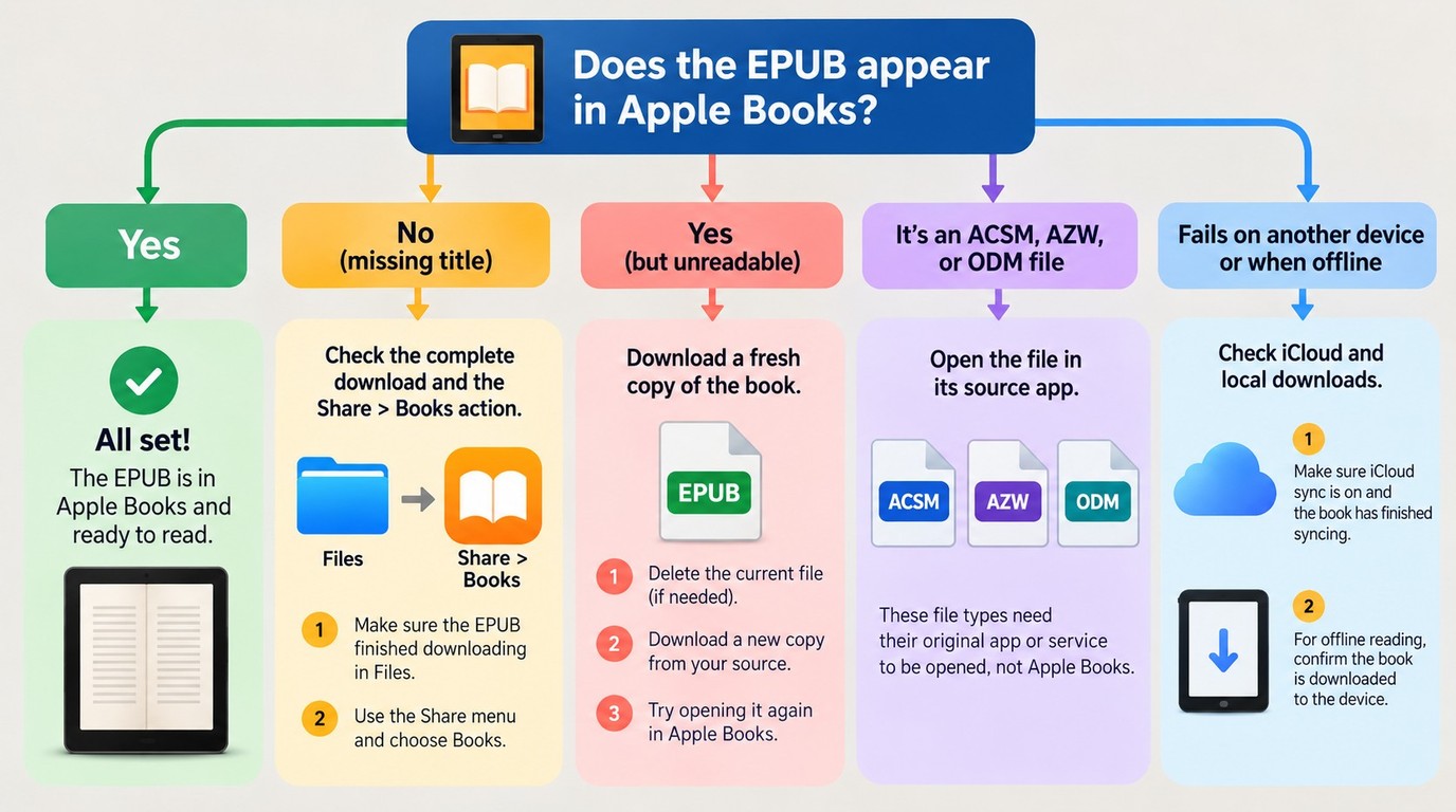 Troubleshooting EPUB import, opening, format, iCloud sync, and offline access.