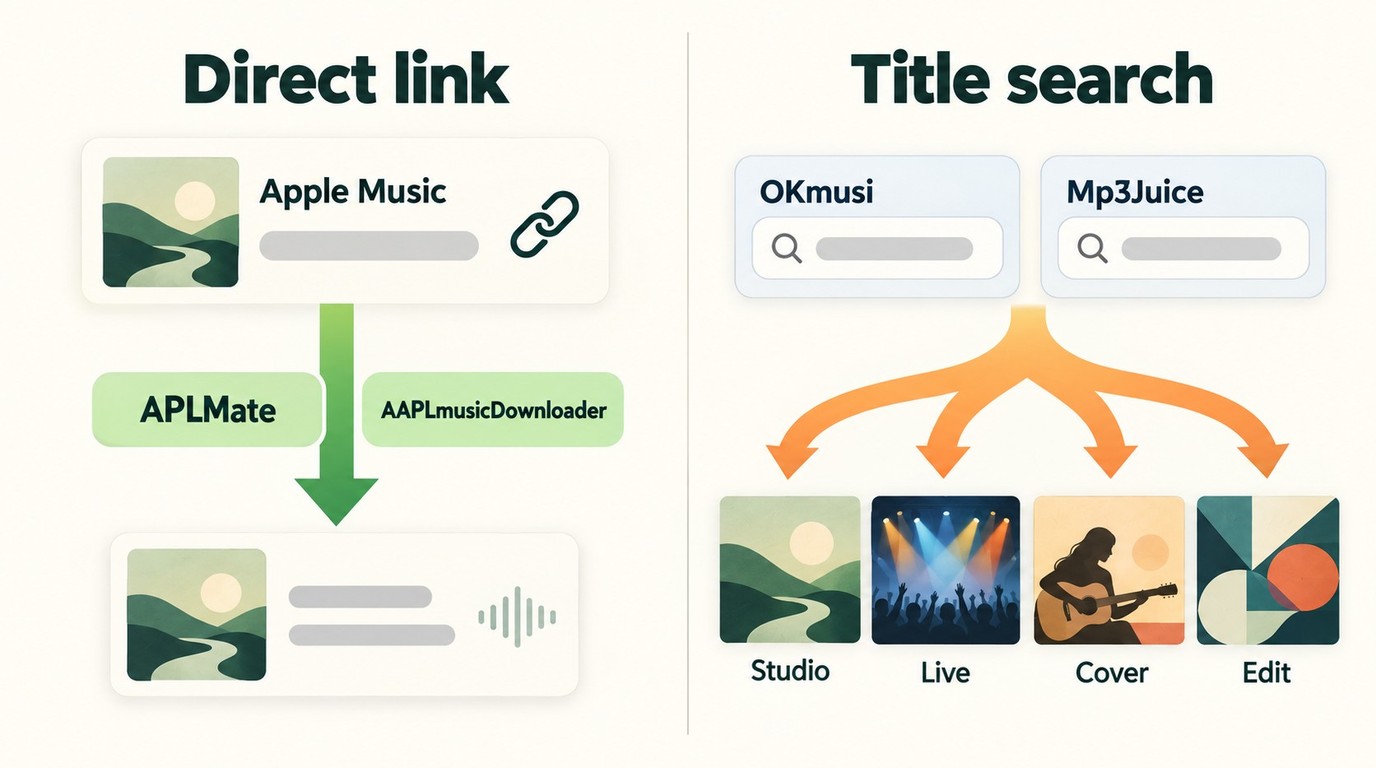 Direct Apple Music links versus OKmusi and Mp3Juice searches that may return a different version.