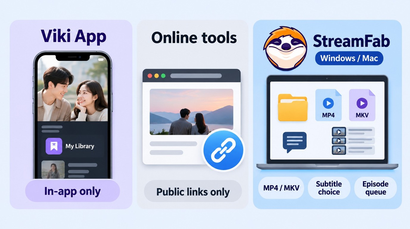Viki app for mobile, public-link tools for limited use, and StreamFab for local files