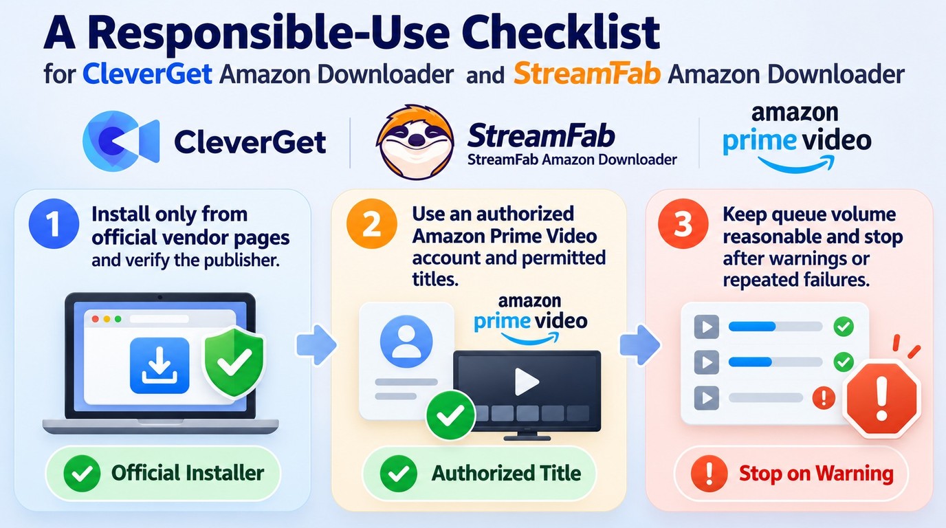 Safety checks for CleverGet, StreamFab, and Amazon use, from installation to account warnings.