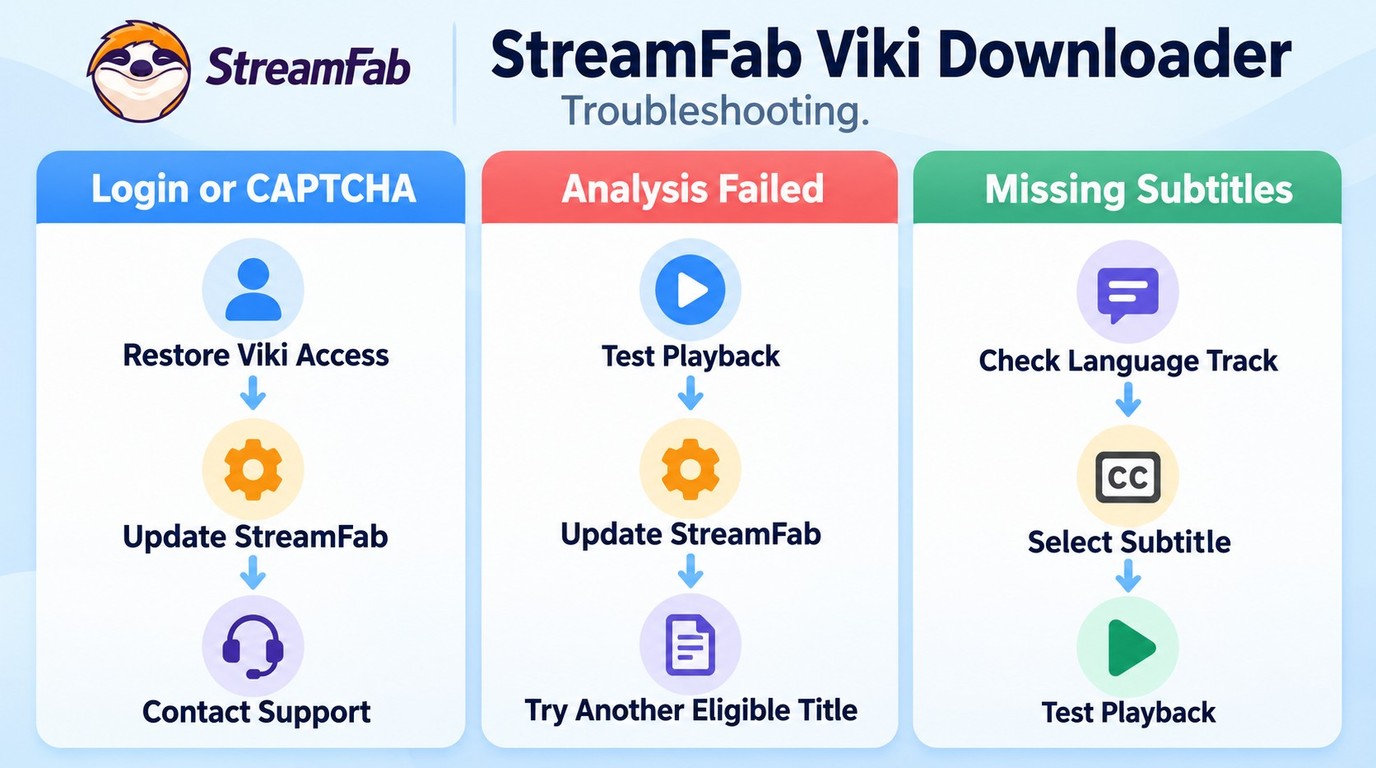 StreamFab Viki Downloader troubleshooting for Viki login, analysis, and subtitles