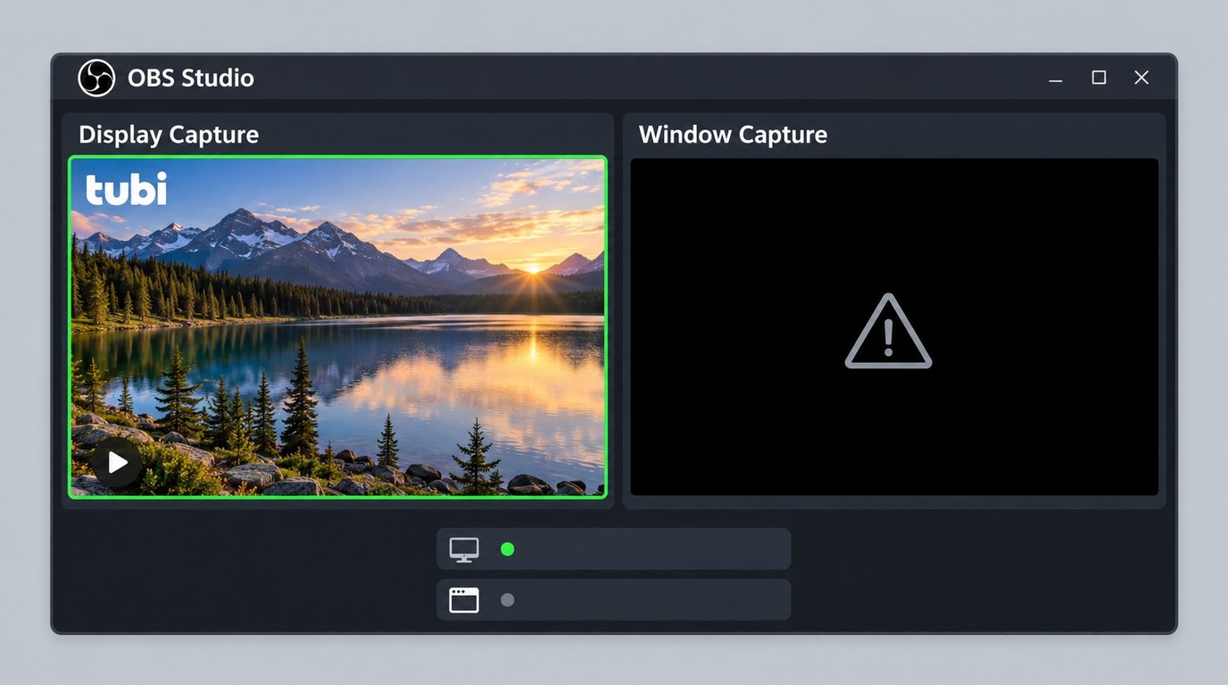 OBS Studio sources compared with a valid Tubi capture and a blank recording