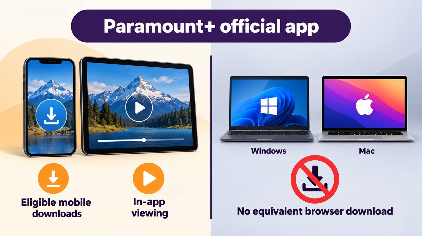 Paramount+ mobile downloads stay in the app, with no equivalent Windows or Mac browser file.