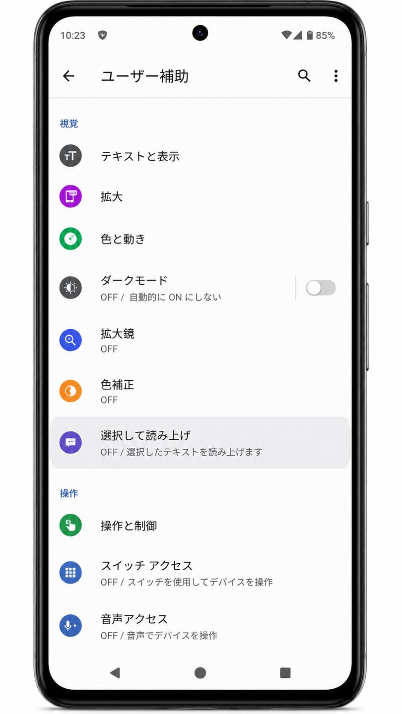 「設定」→「ユーザー補助」→「選択して読み上げ」を開く