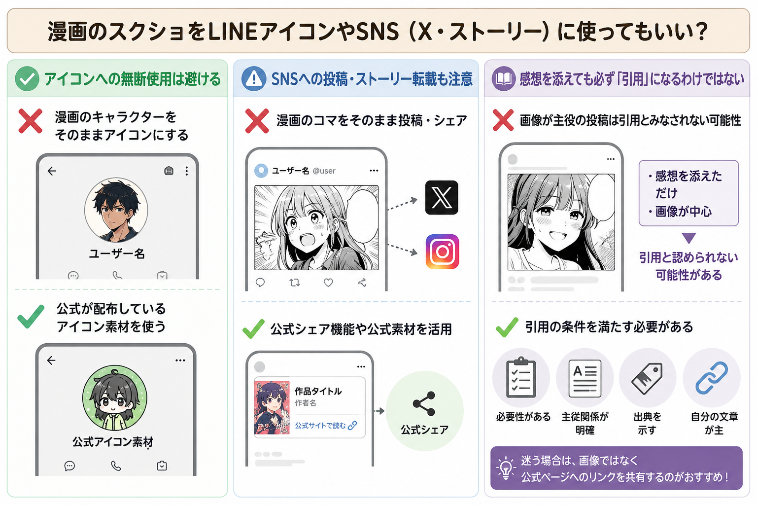 漫画のスクショをLINEアイコンやSNS（X・ストーリー）に使ってもいい？