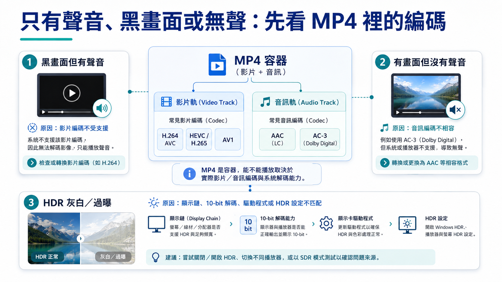 只有聲音、黑畫面或無聲:先看MP4裡的編碼