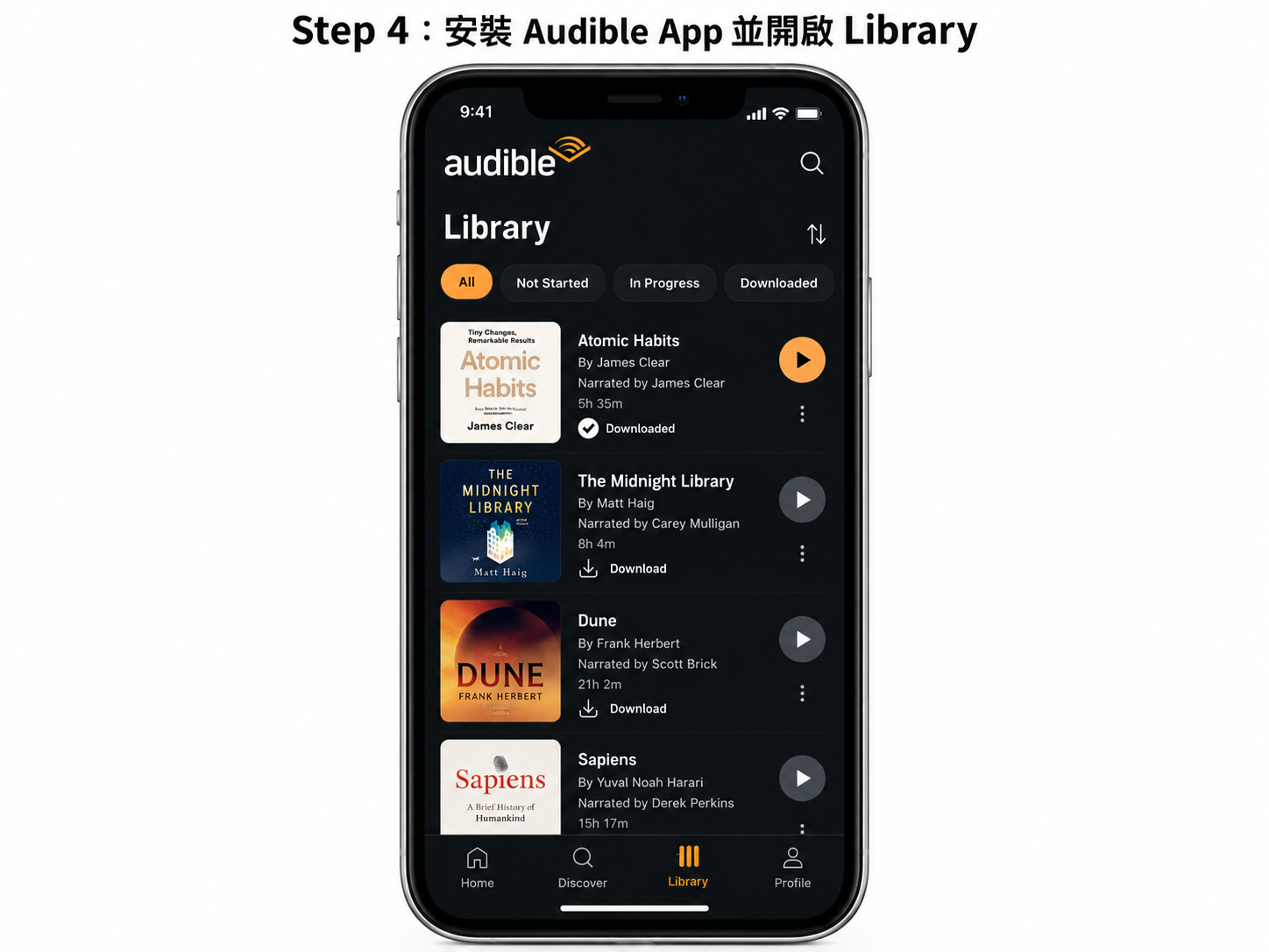 安裝Audible App並開啟Library