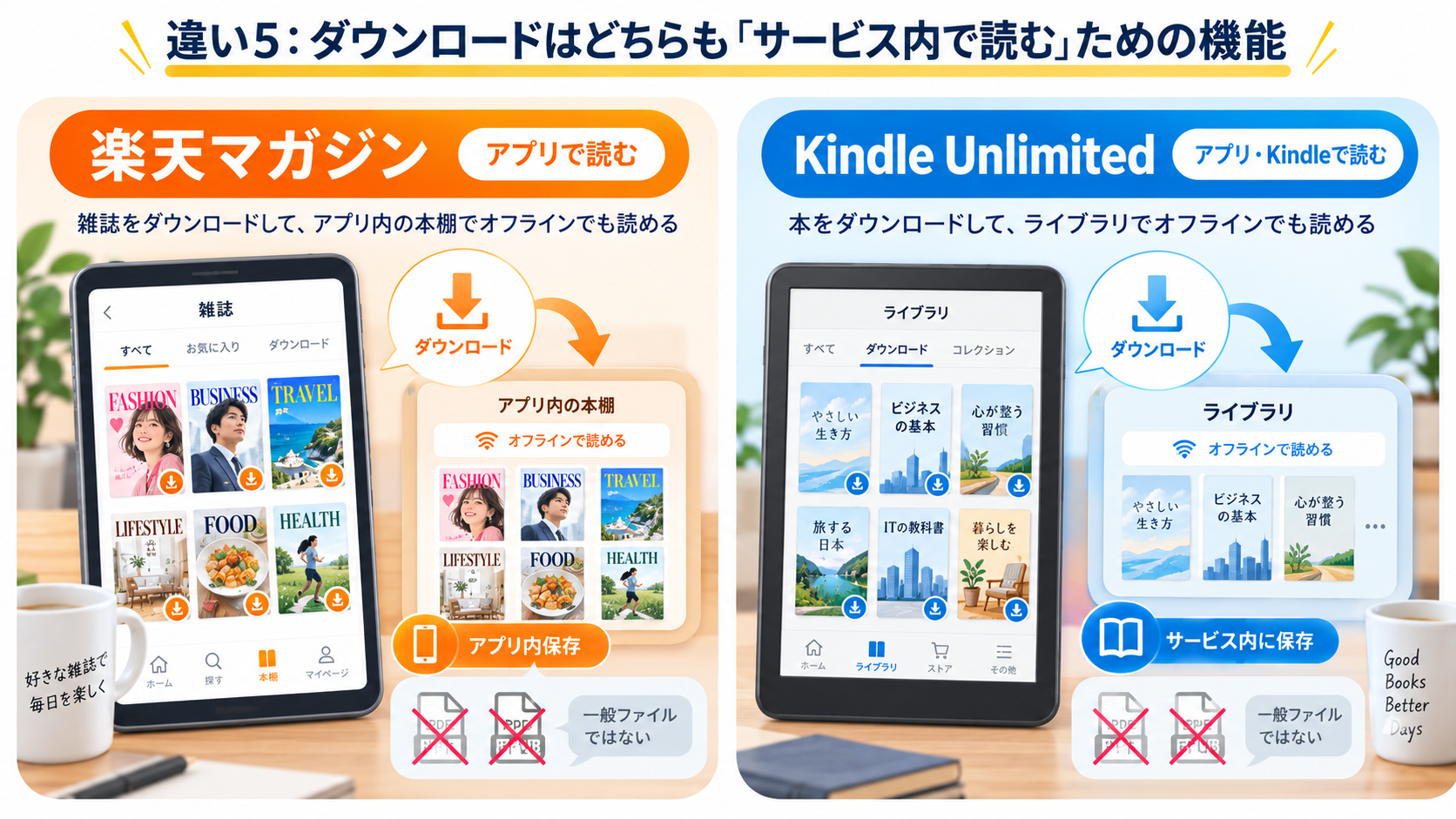 ダウンロードはどちらも「サービス内で読む」ための機能