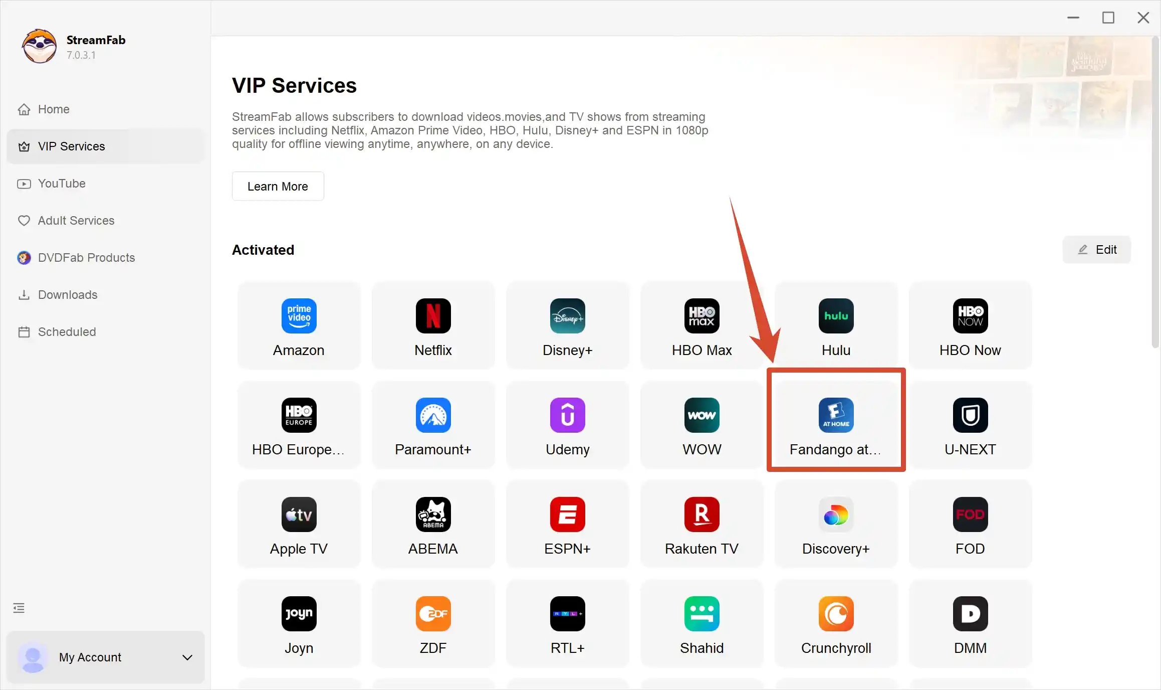 install and launch streamfab fandango at home downloader