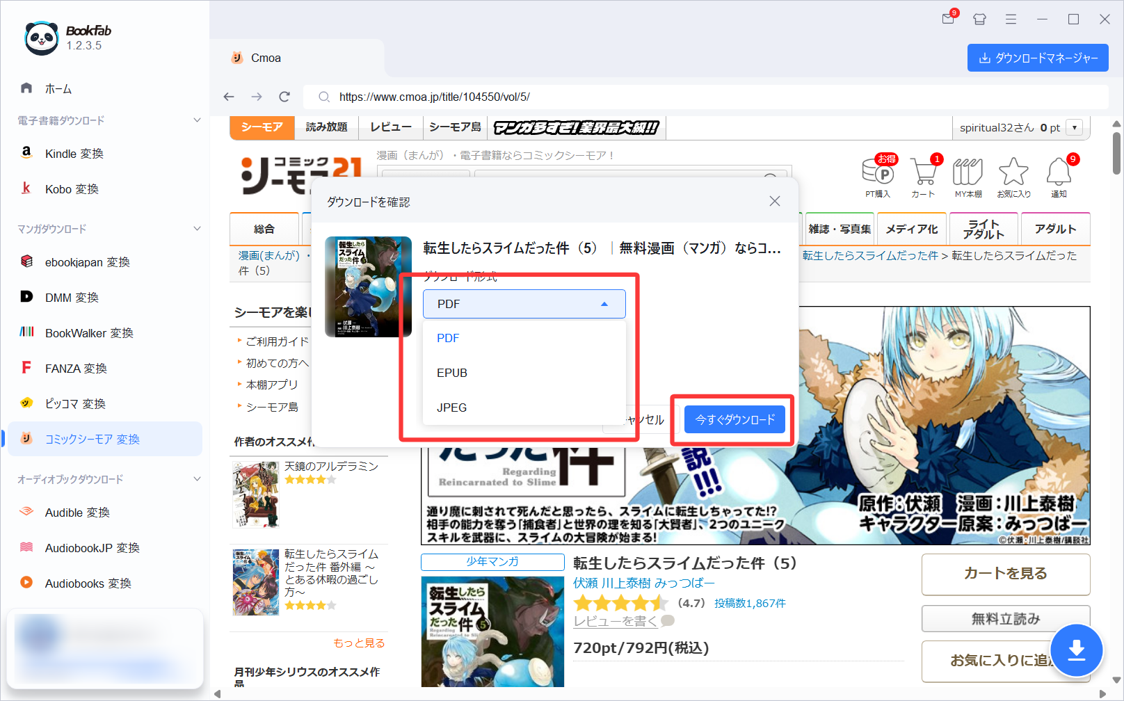 作品を検知し形式を選択