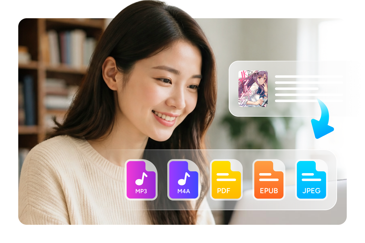 Formatauswahlschnittstelle mit PDF EPUB JPEG für Manga und MP3 M4A für Audio