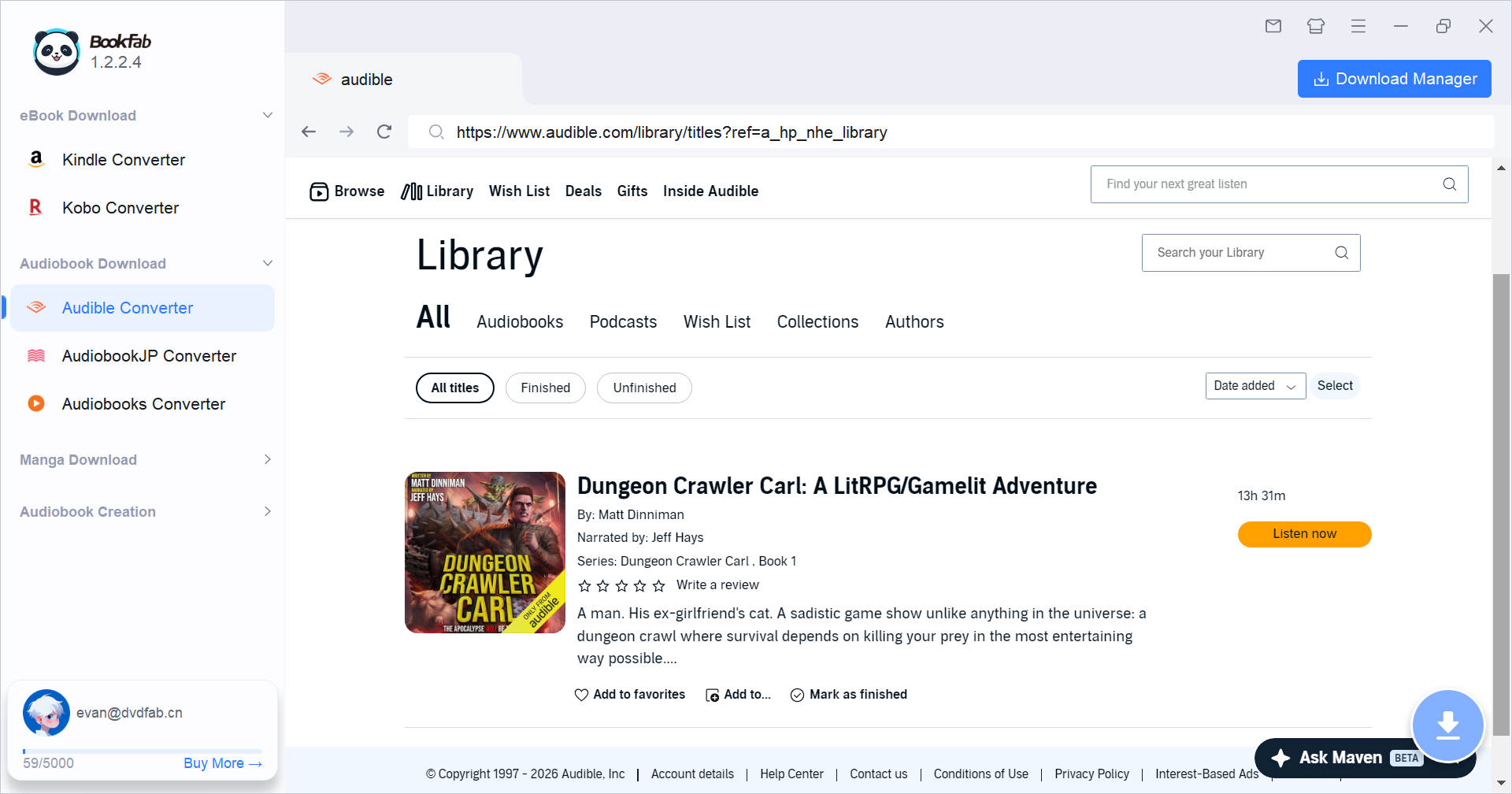 在BookFab Audible Converter中登入Audible