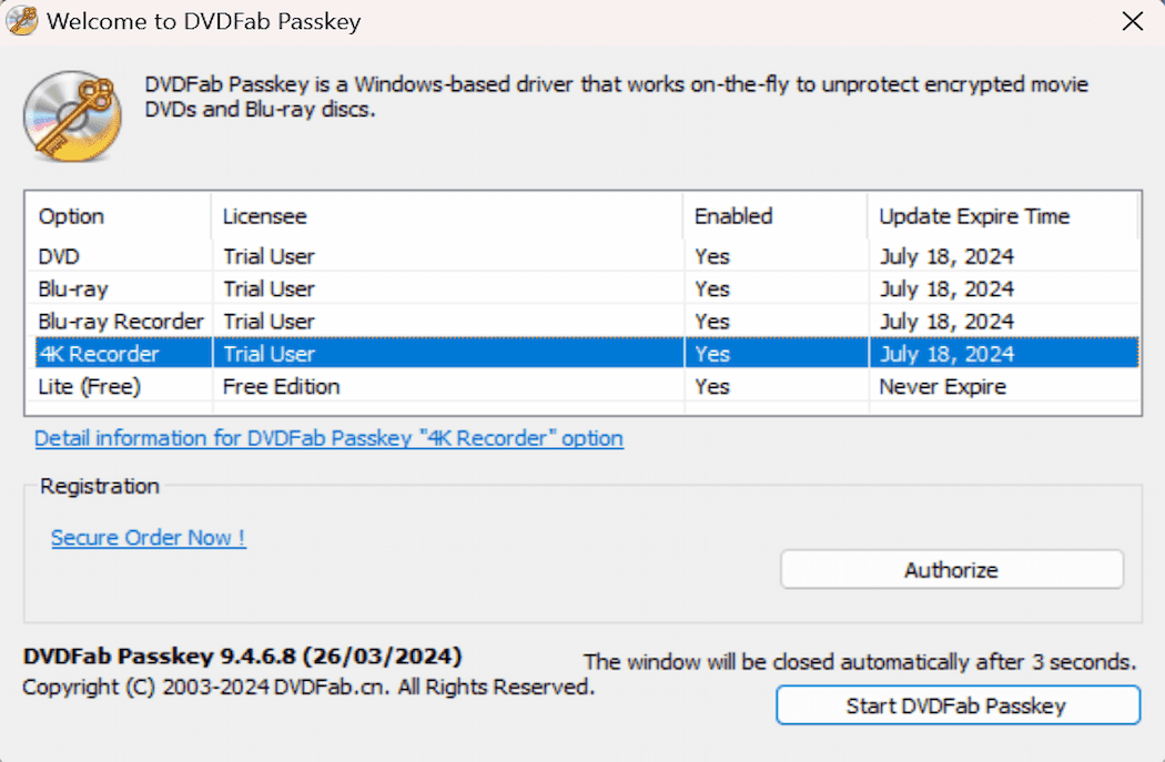 Launch Passkey for 4K Recorder and insert your recorded BDAV disc