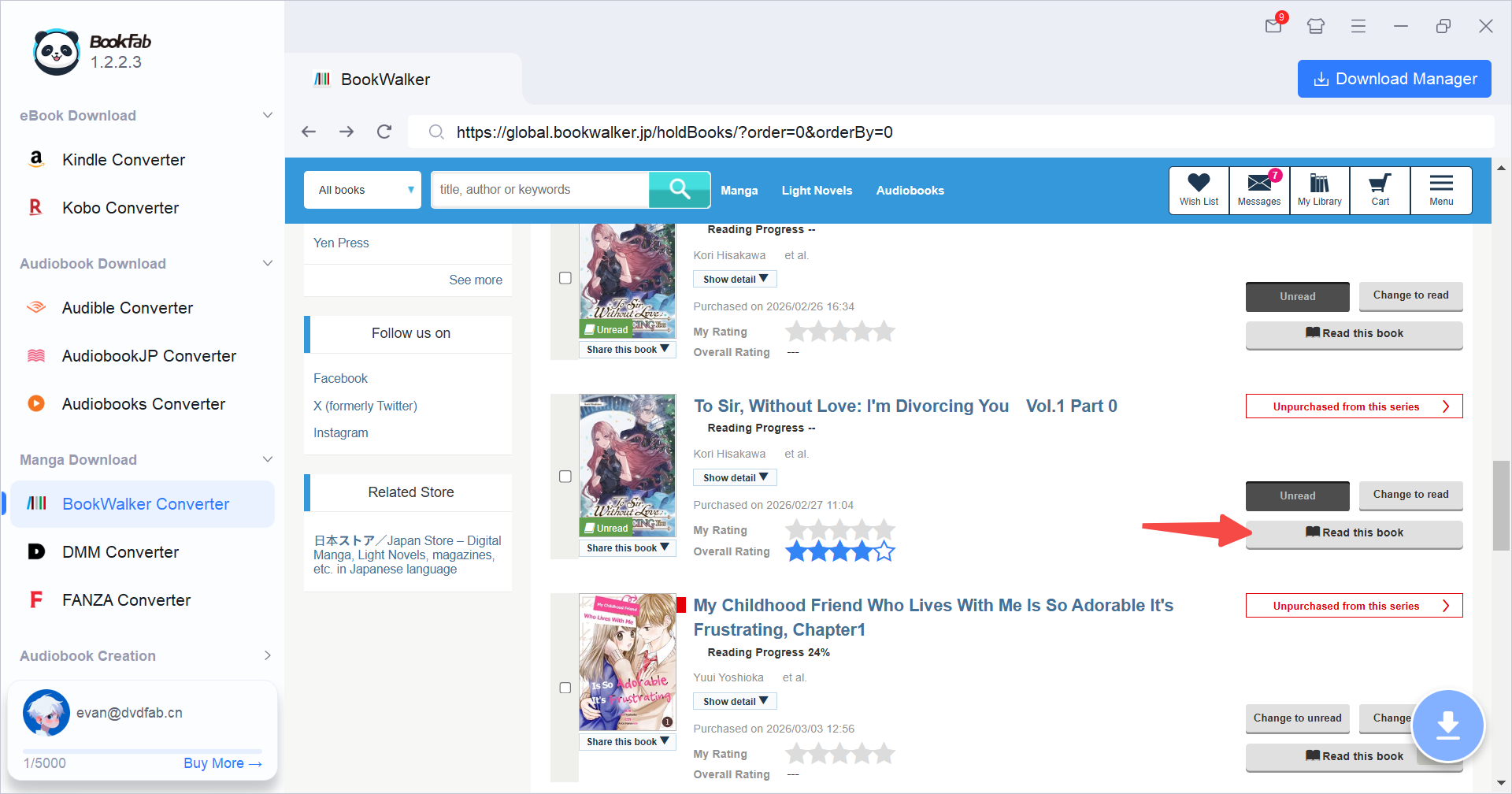 Sélectionnez BookWalker Converter dans la barre latérale de BookFab et connectez-vous.