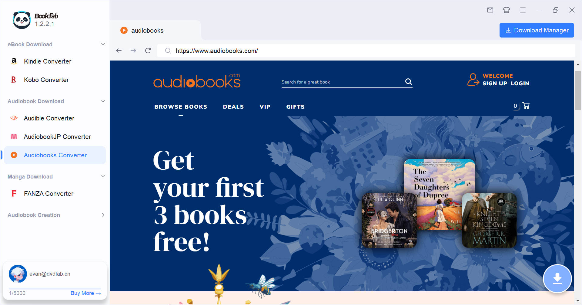 launch bookfab and select audiobooks converter in sidebar