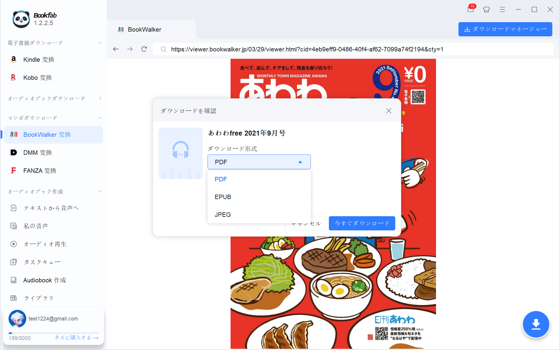 ダウンロードウィンドウでのマンガ選択と出力形式選択