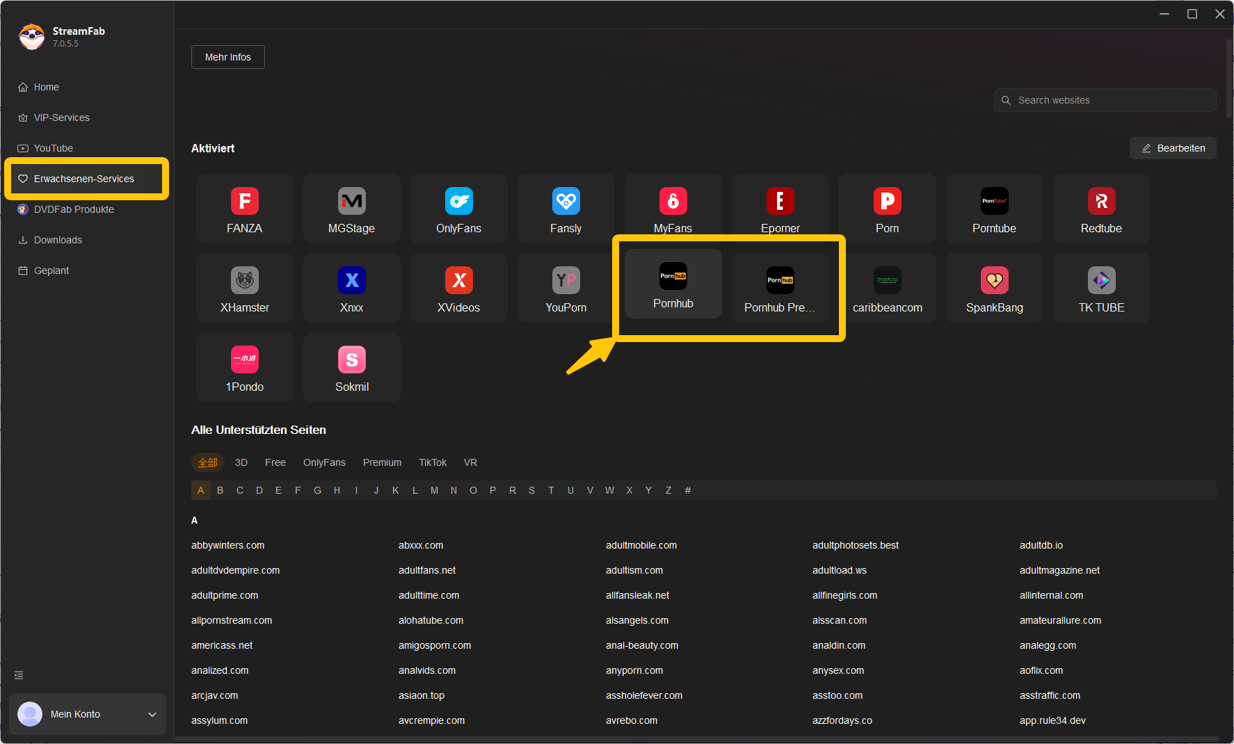 StreamFab-Startbildschirm: Pornhub als Videoquelle auswählen.