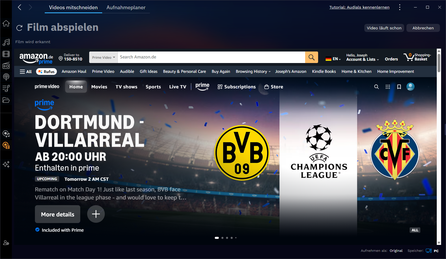 Streamingvideo für Audials Movie Aufnahme auswählen