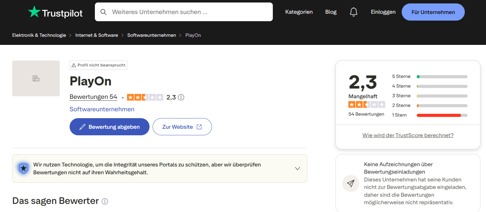 PlayOn-Bewertung auf Trustpilot: 2,3 von 5 Punkten