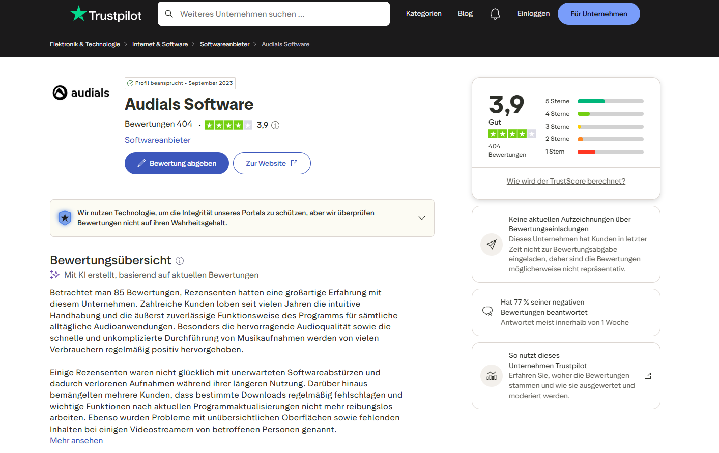 Audials Bewertungen bei TrustPilot