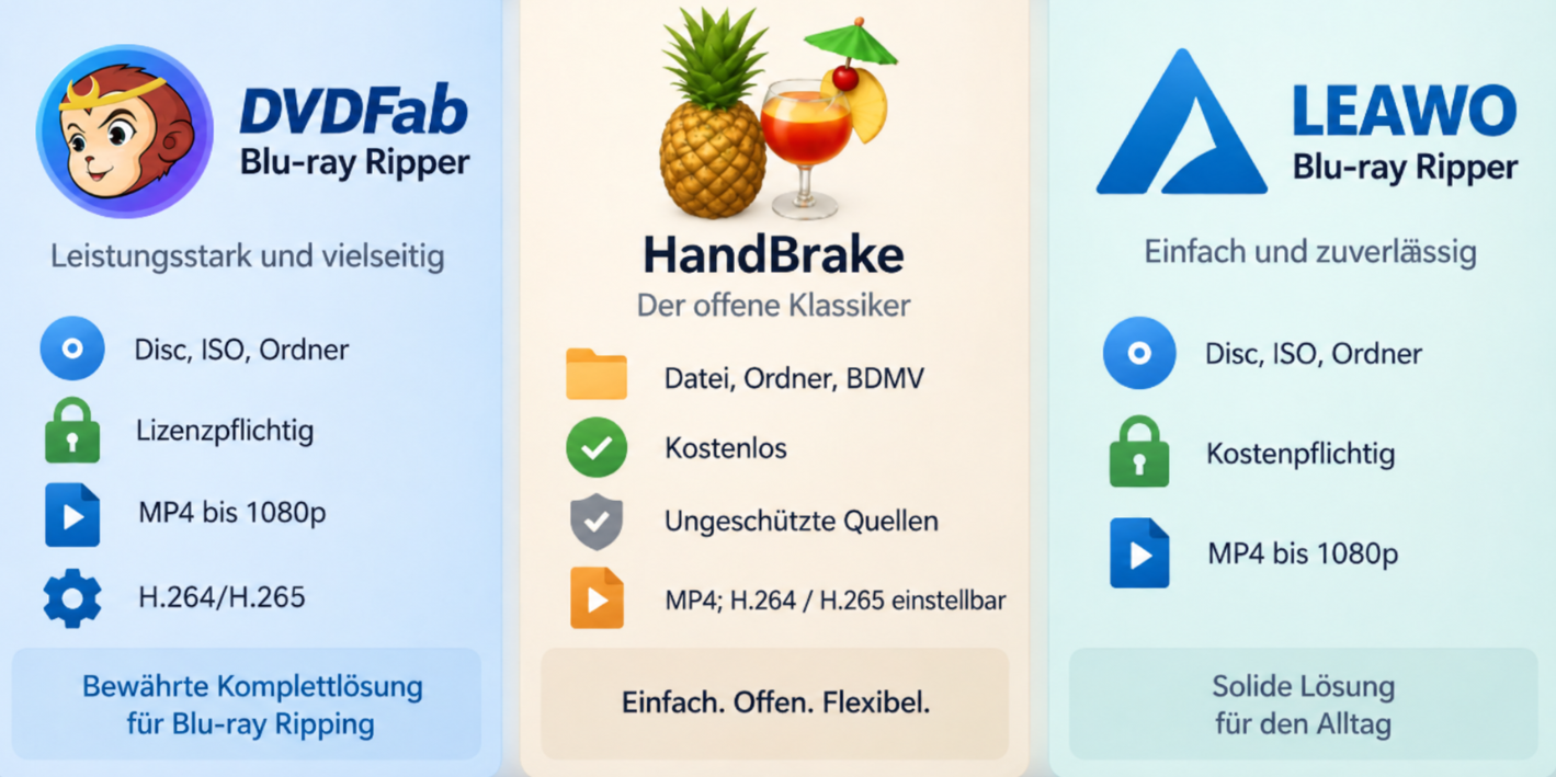 Vergleich von DVDFab Blu-ray Ripper, HandBrake und Leawo für Quellen, Kosten und MP4-Ausgabe.