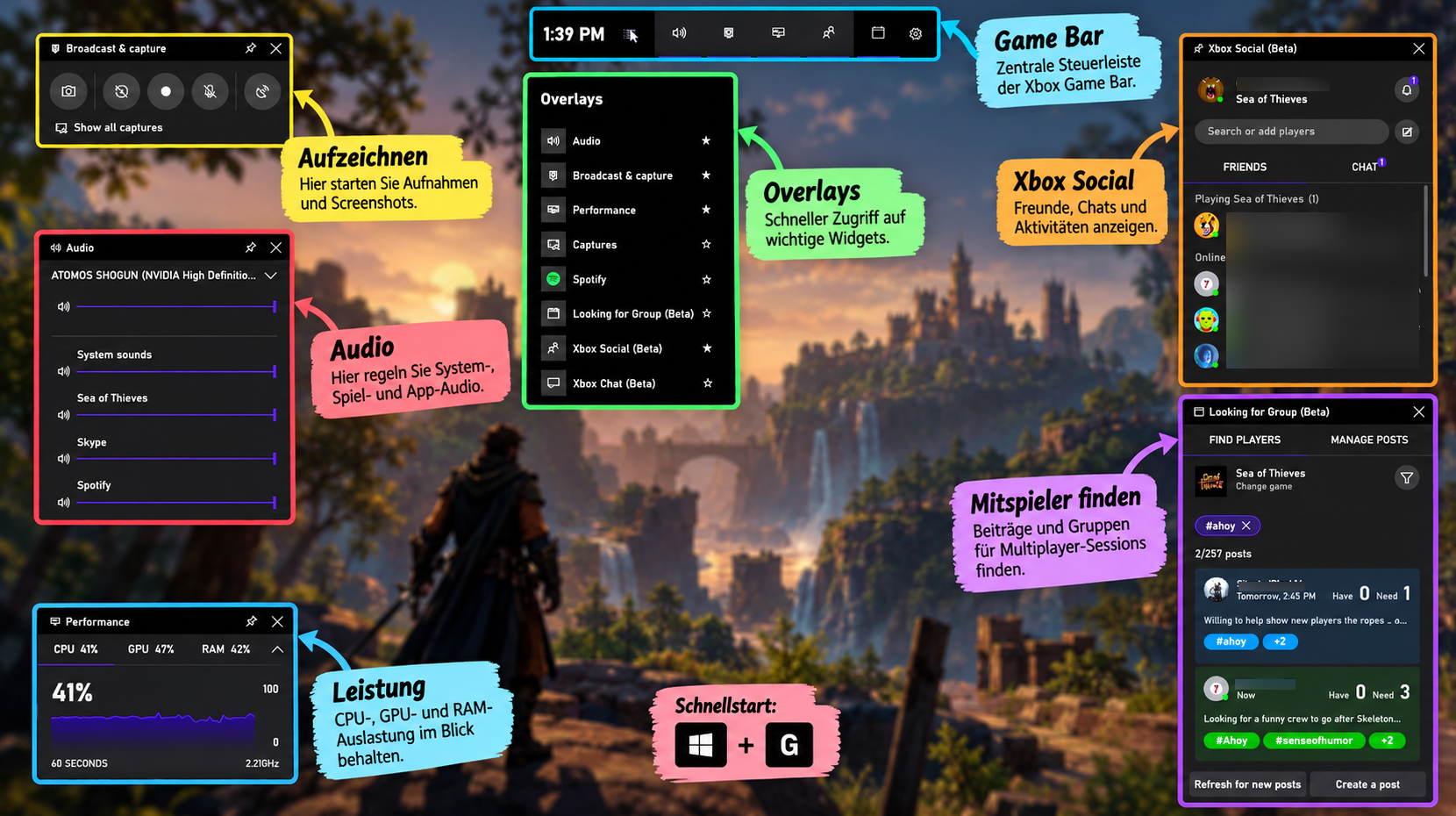 Xbox Game Bar mit YouTube-Browserfenster, Audiooption Alle und Aufnahmesteuerung