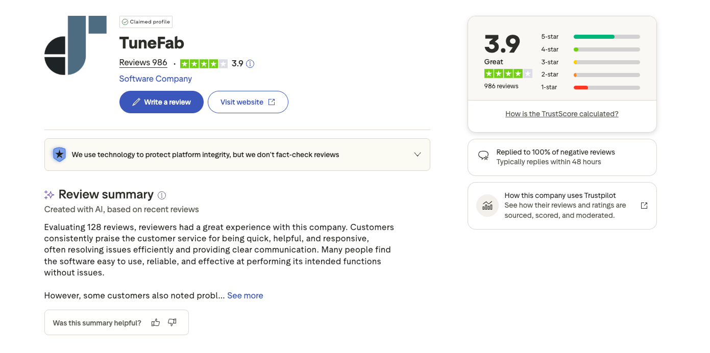 tunefab review on trustpilot