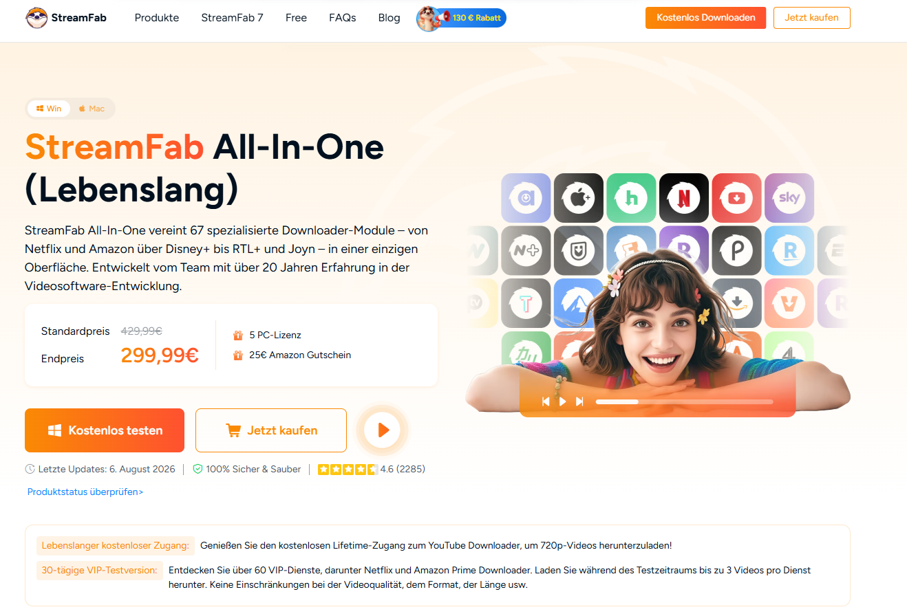 StreamFab 2026 Oberfläche für DMAX unter Windows und Mac mit MP4- und MKV-Auswahl
