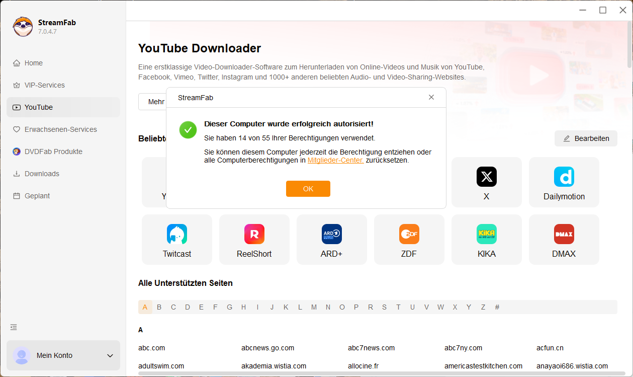 StreamFab Autorisierung erfolgreich
