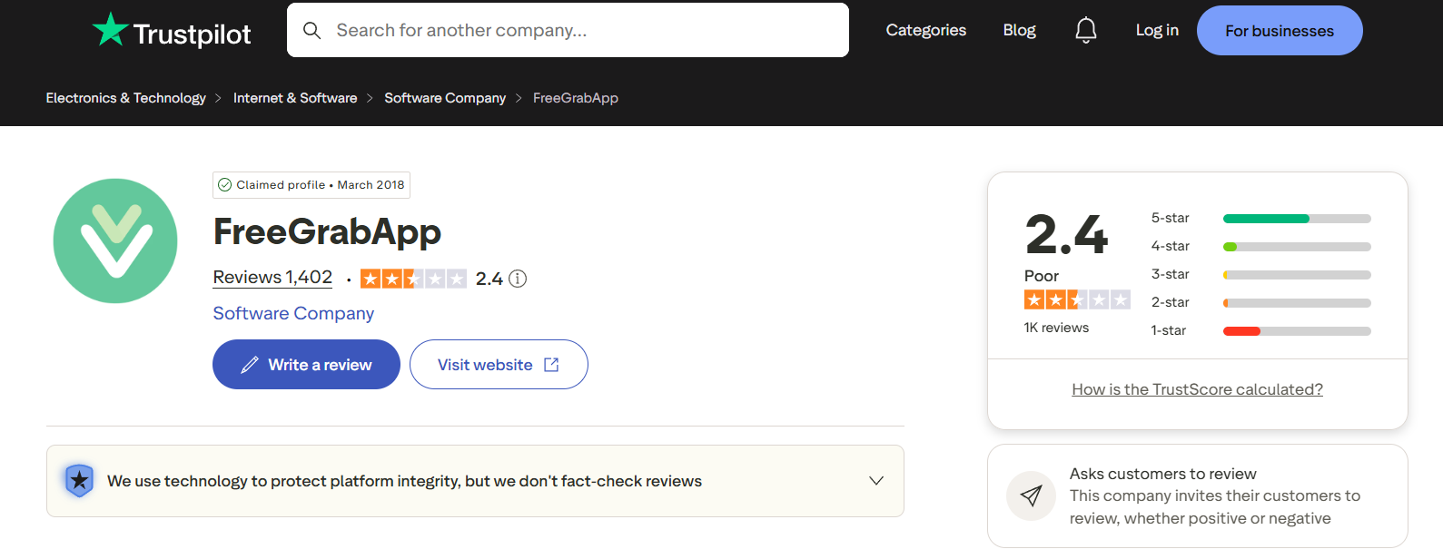 FreeGrabApp Trustpilot-Profil