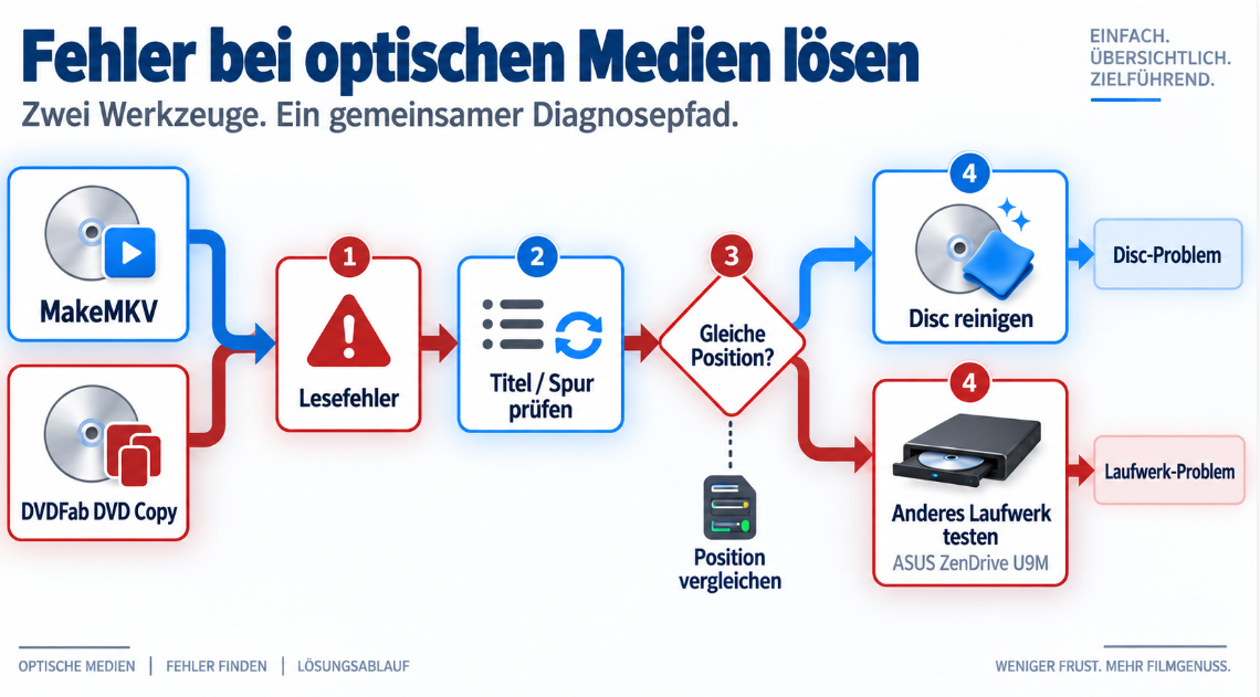 Fehlersuche bei MakeMKV und DVDFab mit Disc, Protokoll und zweitem Laufwerk