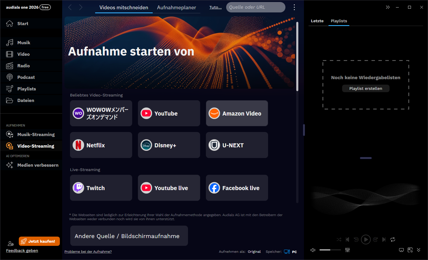 Audials Movie Funktionen in Audials One starten