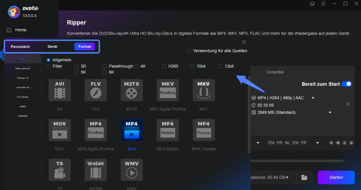 DVDFab DVD Ripper beim Umwandeln einer geretteten DVD in MP4 oder MKV
