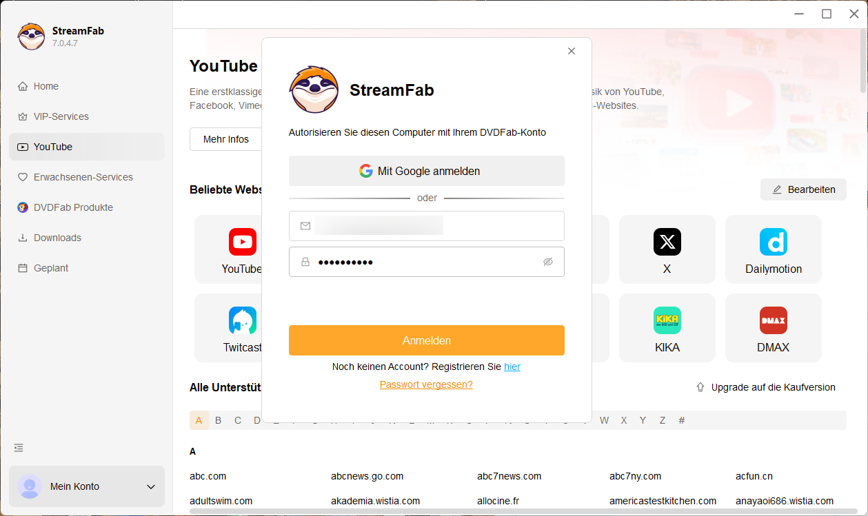 StreamFab E-Mail und Passwort eingeben
