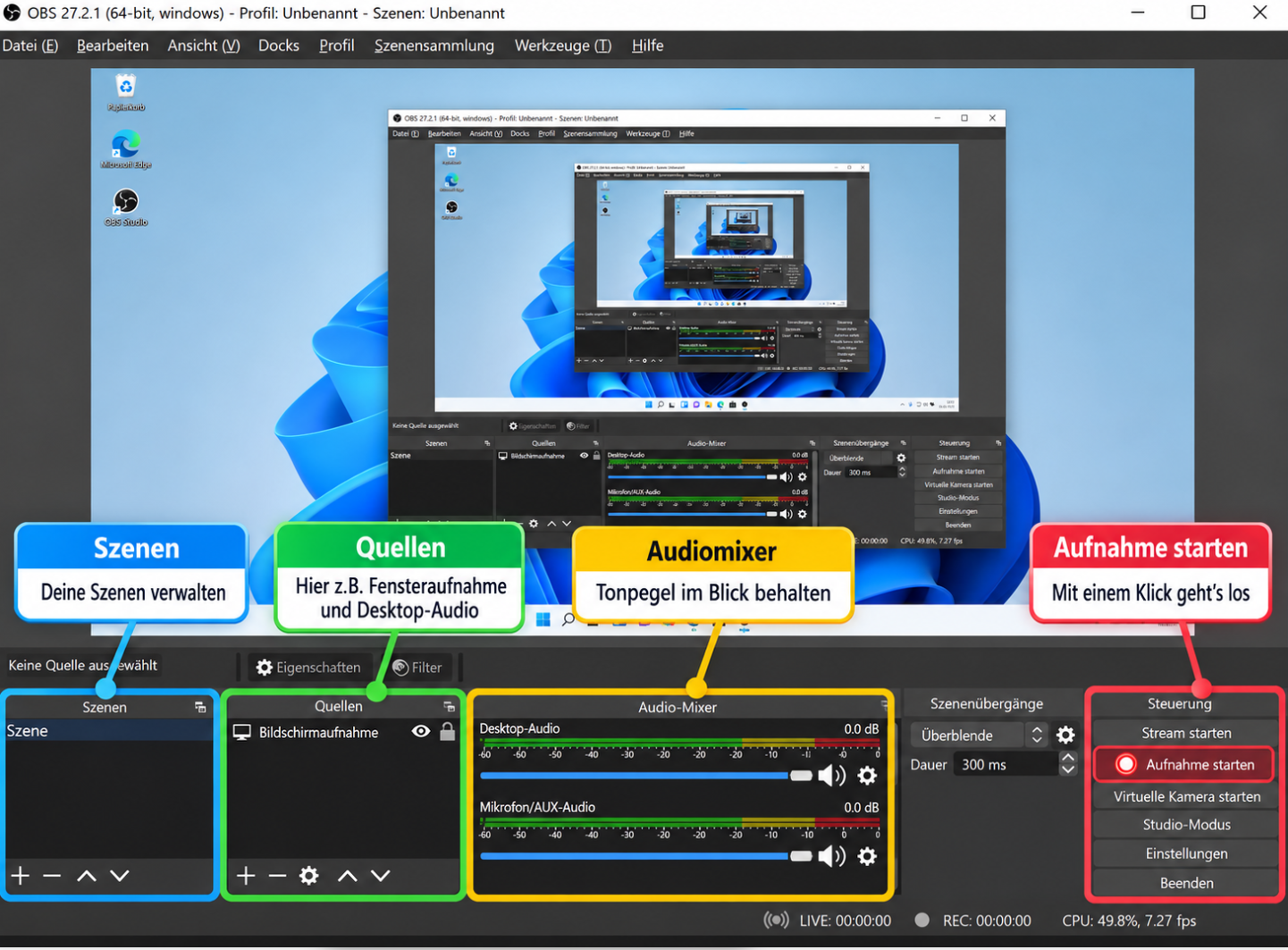 OBS Studio mit YouTube-Fenster, Quellen, Audiomixer und sichtbarem Systemtonpegel