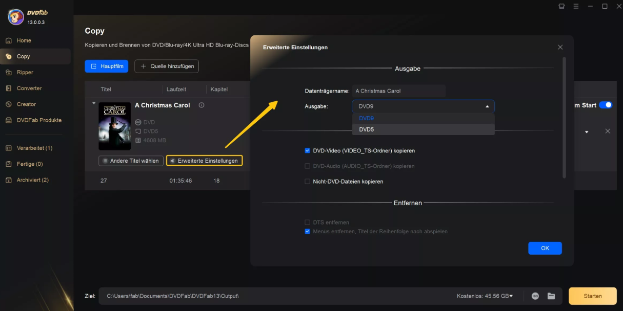 DVDFab DVD Copy beim Sichern einer lesbaren DVD als ISO oder Ordner