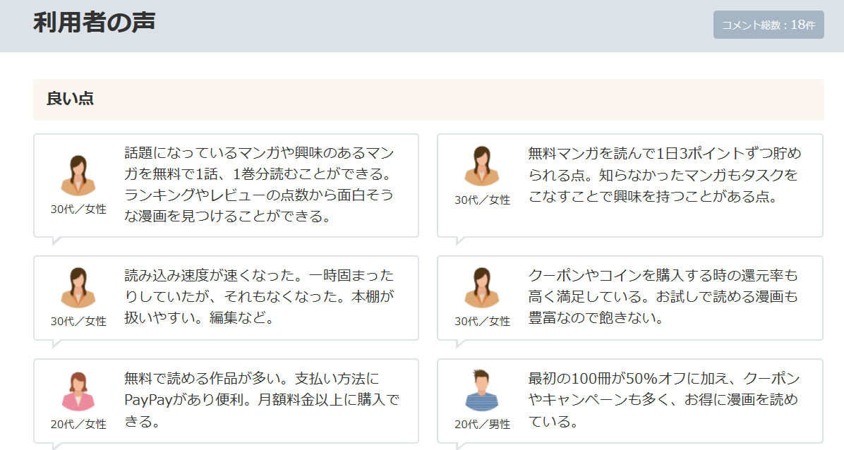 良い口コミは無料作品・特典・オフライン閲覧が中心