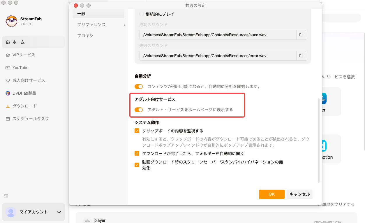 StreamFabでアダルトサイトをホームページに表示する設定画面