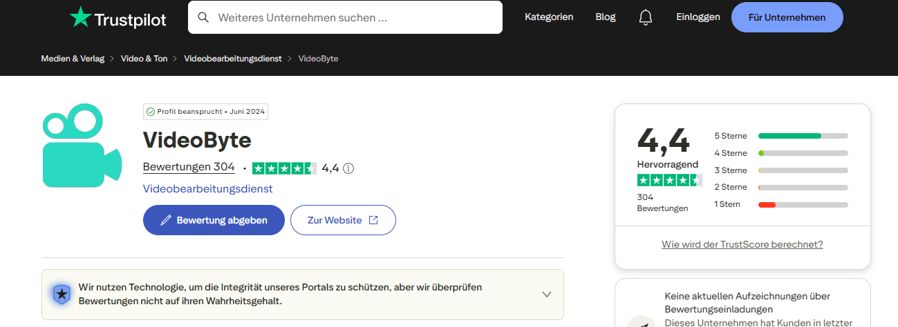 Videobyte-Bewertung auf Trustpilot