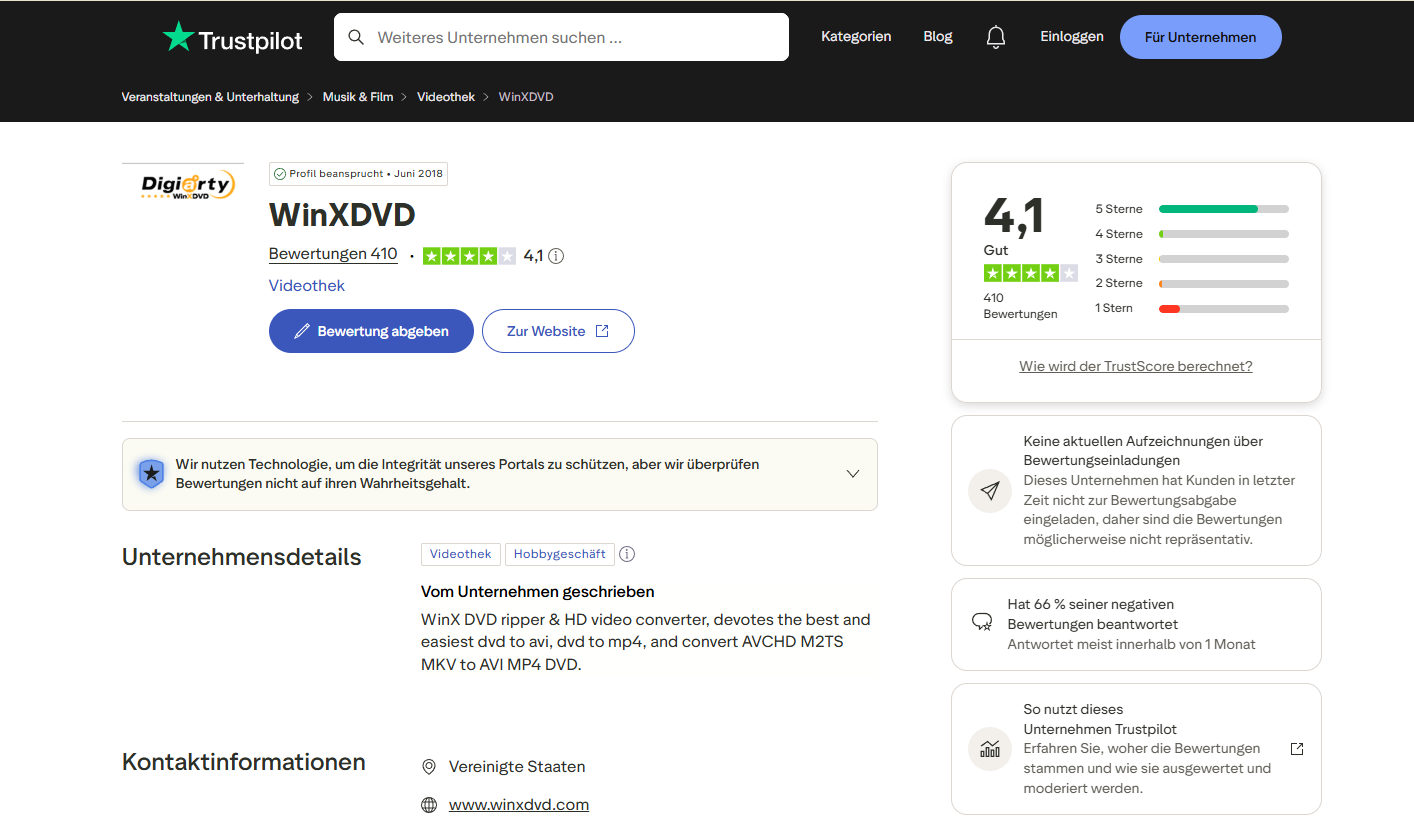 Aktuelle Trustpilot-Bewertung von WinXDVD im Überblick