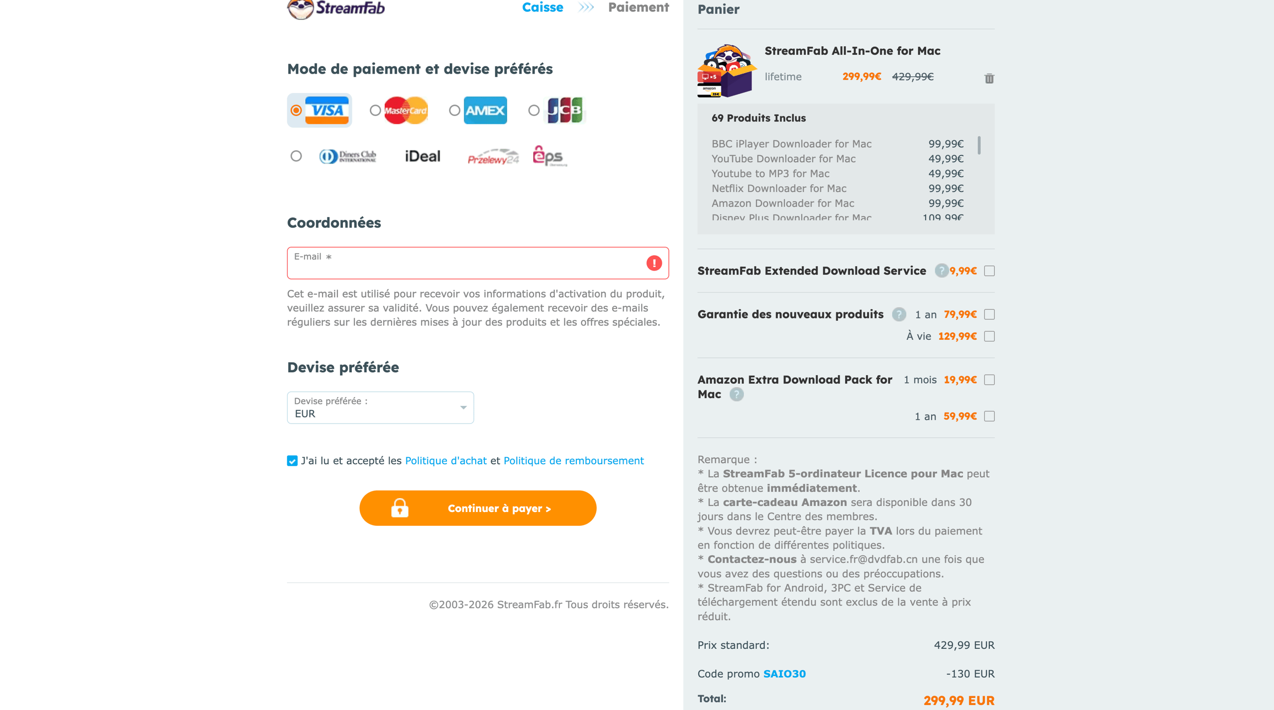 StreamFab : vérifier un code promo dans le panier avant le paiement