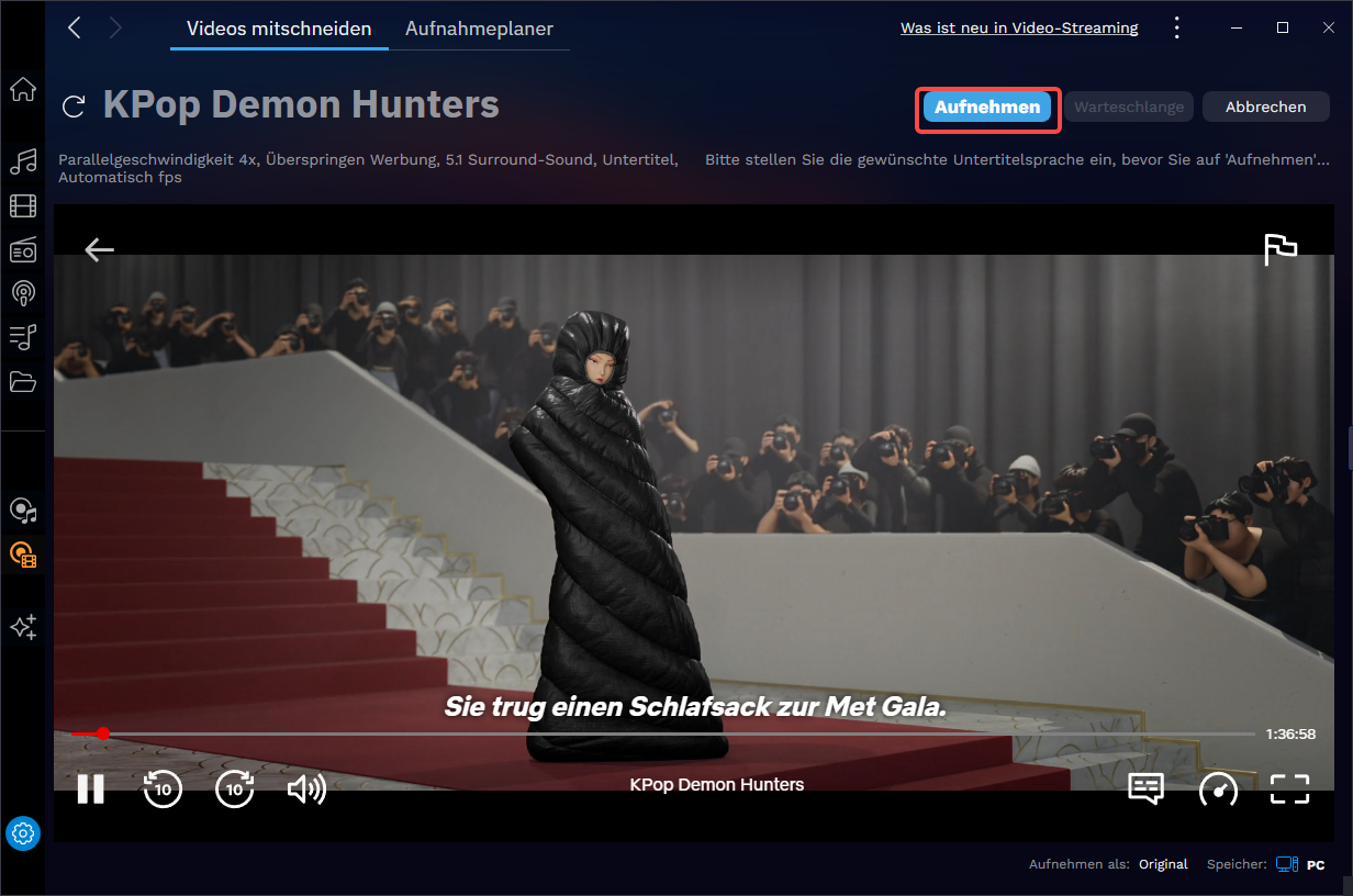 Audials One integrierter Browser zeigt Netflix-Startseite mit KPop Demon Hunters und weiteren koreanischen Serien zur Aufnahmeauswahl