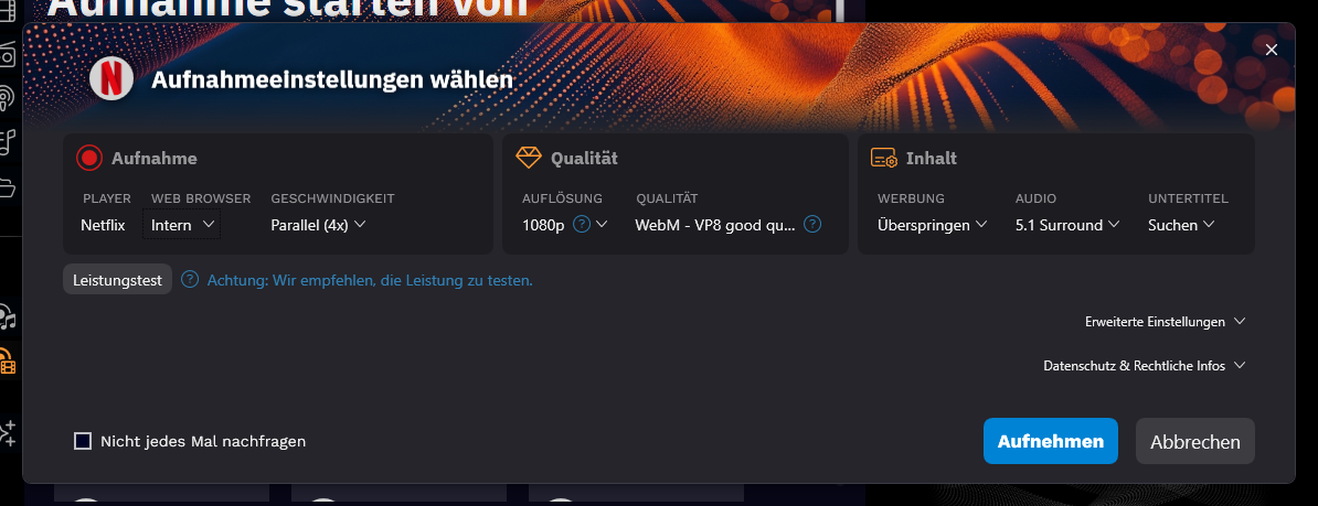 Audials One integrierter Browser zeigt Netflix-Startseite mit KPop Demon Hunters und weiteren koreanischen Serien zur Aufnahmeauswahl